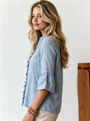 Women's Vintage-Style Casual Cotton-Linen Ruffled Elbow-Sleeve Shirt ZMZ1588F4ZJY
