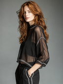 Women's Retro Casual Mesh Three-Quarter Sleeve Round Neck Top ZMZ1539F2ZJY