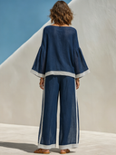 Women's Retro Casual Cotton Linen Striped Long-Sleeved Ruffle Top And Pants Set ZMZ1558F5ZJY