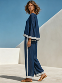 Women's Retro Casual Cotton Linen Striped Long-Sleeved Ruffle Top And Pants Set ZMZ1558F5ZJY