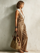 Women's Retro Casual Cotton Linen Sleeveless Shirt With Satin Print And Leopard Print Jumpsuit Set ZMZ1585F0ZJY