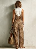 Women's Retro Casual Cotton Linen Sleeveless Shirt With Satin Print And Leopard Print Jumpsuit Set ZMZ1585F0ZJY