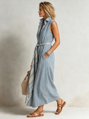 Women's Retro Casual Striped Shirt Sleeveless Maxi Dress ZMZ1542F4ZJY