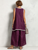 Women's Retro Casual Cotton Linen Color Block Sleeveless Top And Skirt Set ZMZ1536F5ZJY