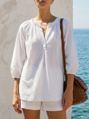 Women White Bubble Crinkle Textured Two Piece Outfit Ruffle Neck 3/4 Puff Sleeve Blouse & Shorts Matching Set, Summer Beach Casual Co Ord Set ZMZ1692F1YZH