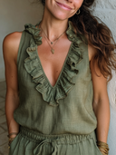 Women's Solid-Color Cotton-Linen Sleeveless V-Neck Ruffled Top ZMZ1689F1XT