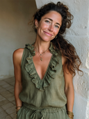 Women's Solid-Color Cotton-Linen Sleeveless V-Neck Ruffled Top ZMZ1689F1XT