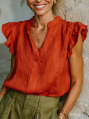 Women's Solid Color Casual Cotton Linen Stand Collar Short-sleeved Shirt ZMZ1649F0XT