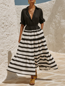 Women's Cotton-Linen Striped Print Color-Block Collared Maxi Dress ZMZ1619F6XT