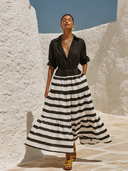 Women's Cotton-Linen Striped Print Color-Block Collared Maxi Dress ZMZ1619F6XT