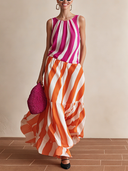 Women's Stylish Satin Color-Block Striped Sleeveless Maxi Dress ZMZ1672F2SWL