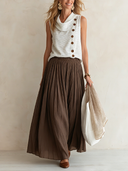 Women's Stylish Sleeveless Striped Top And Brown Pleated Chiffon Skirt Set ZMZ1661F0SWL