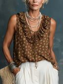 Women's Casual Vintage Cotton-Linen Printed V-Neck Tank Top ZMZ1685F7ZYY