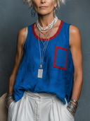 Women's Casual Retro Color-Block Cotton-Linen Crew Neck Tank Top ZMZ1604F0ZYY