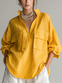 Women's Casual Vintage Mandarin Collar, Lantern Sleeves, And Multiple Pockets Cotton-Linen Shirt ZMZ1622F1ZYY