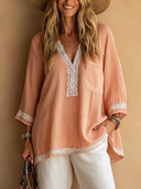 Women's Elegant Cotton-Linen V-Neck Top With Lace Paneling And 3/4 Sleeves ZMZ1604F1SWL