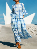 Women's Casual Resort-Style Plaid Cotton-Linen Set: Round-Neck Flared-Sleeve Top And Skirt ZMZ1620F0ZYY