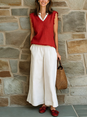 Women's Classic Two-Tone Collar Cotton-Linen Top And Wide-Leg Pants Set ZMZ1643F0SWL