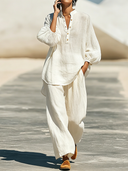 Women's Minimalist Premium Cotton-Linen Henley Lantern-Sleeve Top And Wide-Leg Pants Set ZMZ1619F6ZYY