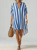 Women's Casual Vintage-Style Embroidered Cotton-Linen Vertical-Stripe V-Neck Short-Sleeve Loose Mini Dress ZMZ1681F7ZYY