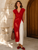 Women's Classic Cotton-Linen Wrap Midi Tunic Top & White Pants Set ZMZ1649F0SWL