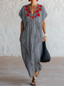 Women's Premium Vintage Cotton-Blend Plaid V-Neck Embroidered Short-Sleeve Maxi Dress ZMZ1608F4ZYY