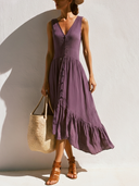 Women Premium Cotton Sleeveless V Neck Button Front Midi Dress, Irregular Ruffle Hem Flowy Casual Summer Vacation Dress ZMZ1615F9YZH