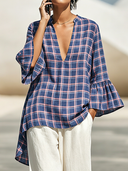 Women's Casual Vintage Cotton-Linen Plaid V-Neck Flared-Sleeve Shirt ZMZ1615F0ZYY