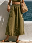 Women Premium Linen Midi Skirt Elastic High Waist A Line Skirt With Daisy Embroidery Pockets, Casual Solid Flowy Summer Vacation Skirt ZMZ1615F4YZH