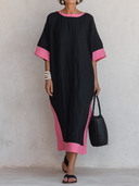 Women's Casual Retro Pink & Black Color-Block Round Neck, Short Sleeve, Loose Fit Cotton-Linen Midi Dress ZMZ1626F6ZYY