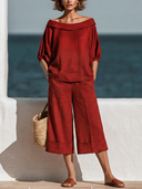 Women Premium Cotton Linen Matching Set Off Shoulder Puff Sleeve Crop Top High Waist Wide Leg Cropped Pants, Summer Beach Vacation Two Piece Outfits ZMZ1604F2YZH