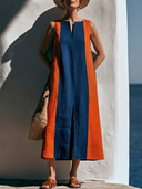Women Cotton Linen Color Block Sleeveless Midi Dress Split Front Loose Shift Dress With Pockets, Summer Beach Vacation Contrast Stripes Dress ZMZ1680F7YZH