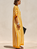 Women's Casual & Stylish Resort-Style Yellow And White Vertical Stripes (Cotton-Linen Blend) Loose Short-Sleeve Maxi Dress ZMZ1521F8ZYY