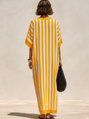 Women's Casual & Stylish Resort-Style Yellow And White Vertical Stripes (Cotton-Linen Blend) Loose Short-Sleeve Maxi Dress ZMZ1521F8ZYY