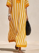 Women's Casual & Stylish Resort-Style Yellow And White Vertical Stripes (Cotton-Linen Blend) Loose Short-Sleeve Maxi Dress ZMZ1521F8ZYY