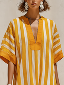 Women's Casual & Stylish Resort-Style Yellow And White Vertical Stripes (Cotton-Linen Blend) Loose Short-Sleeve Maxi Dress ZMZ1521F8ZYY