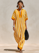 Women's Casual & Stylish Resort-Style Yellow And White Vertical Stripes (Cotton-Linen Blend) Loose Short-Sleeve Maxi Dress ZMZ1521F8ZYY