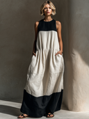 Women's Casual Vintage Black & White Color-Block Design And Round Neck Sleeveless Cotton-Linen Maxi Dress ZMZ1596F0ZYY
