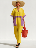 Women's Casual & Stylish Resort-Style Yellow And Purple Color-Block Cotton-Linen V-Neck Short-Sleeve Loose Maxi Dress ZMZ1512F8ZYY