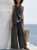 Women Premium Cotton Linen Two Piece Outfits Cowl Neck Sleeveless Tank Top High Waist Wide Leg Pants Matching Set, Summer Minimalist Beach Co Ord Set ZMZ1642F3YZH