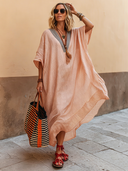 Women's Casual Resort-Style Flowy V-Neck Pleated-Texture Acetate Loose Maxi Dress ZMZ1650F2SWL