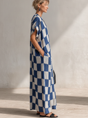 Women's Casual & Stylish Resort-Style Blue-and-White Check Cotton-Linen V-Neck Short-Sleeve Loose Maxi Dress ZMZ1543F0ZYY