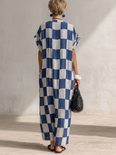 Women's Casual & Stylish Resort-Style Blue-and-White Check Cotton-Linen V-Neck Short-Sleeve Loose Maxi Dress ZMZ1543F0ZYY
