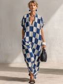 Women's Casual & Stylish Resort-Style Blue-and-White Check Cotton-Linen V-Neck Short-Sleeve Loose Maxi Dress ZMZ1543F0ZYY