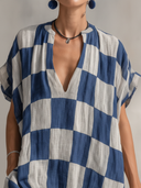 Women's Casual & Stylish Resort-Style Blue-and-White Check Cotton-Linen V-Neck Short-Sleeve Loose Maxi Dress ZMZ1543F0ZYY