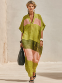 Women's Casual, Stylish, Resort-styleFeaturing A V-neck, Short Sleeves, And A Green-and-pink Color-blocked Cotton-linen Blend Loose Maxi Dress ZMZ1501F3ZYY
