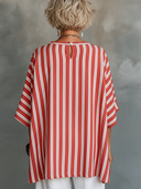 Women's Casual Vintage Red And White Vertical Striped Cotton-Linen Crew Neck Short-Sleeve T-Shirt ZMZ1541F9ZYY