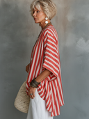 Women's Casual Vintage Red And White Vertical Striped Cotton-Linen Crew Neck Short-Sleeve T-Shirt ZMZ1541F9ZYY