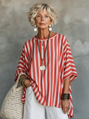 Women's Casual Vintage Red And White Vertical Striped Cotton-Linen Crew Neck Short-Sleeve T-Shirt ZMZ1541F9ZYY