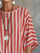 Women's Casual Vintage Red And White Vertical Striped Cotton-Linen Crew Neck Short-Sleeve T-Shirt ZMZ1541F9ZYY